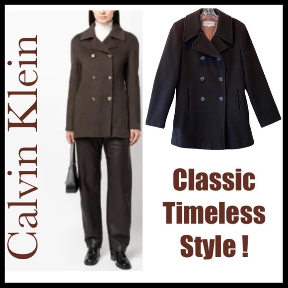 Calvin Klein Wool Cashmere Pea Coat Classic Sophisticated Luxury Brown Size 10 - Picture 1 of 16
